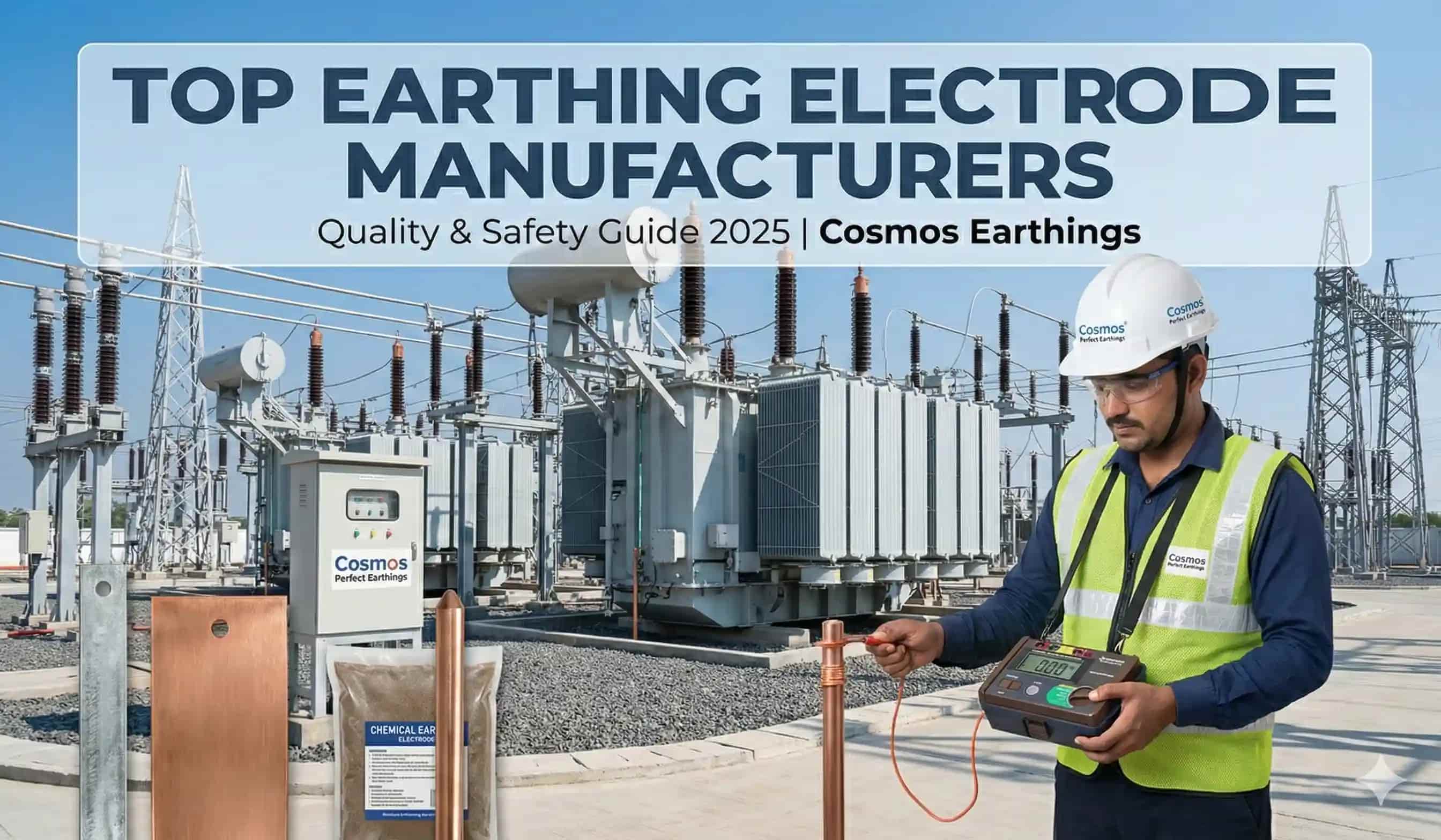 Industrial electrical safety inspection showing copper bonded rods, chemical earthing compound, and GI electrodes by Cosmos Perfect Earthings.